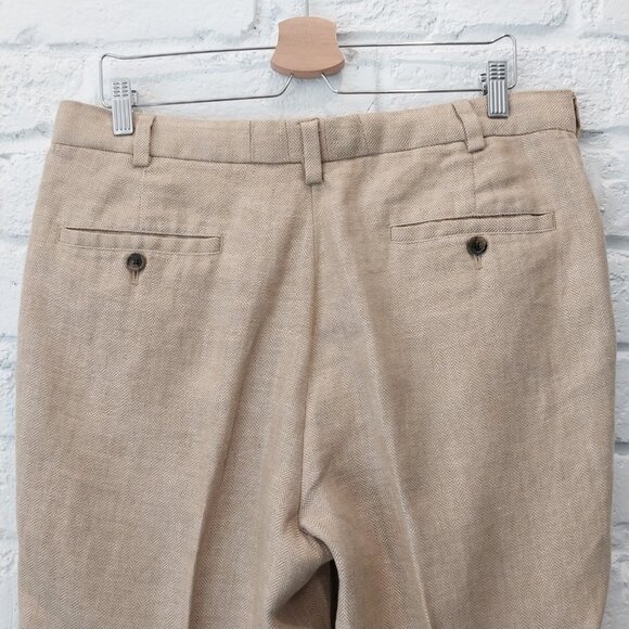 346 Brooks Brothers 100% Linen Pants Men 32x30 Dark Beige Tan Herringbone Cuffed - Picture 6 of 13